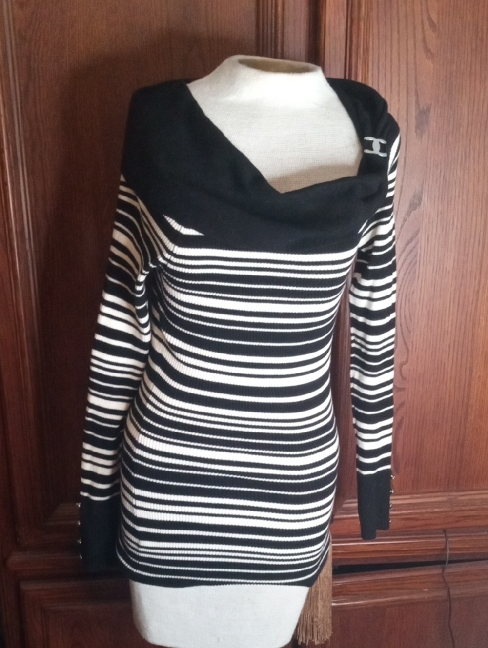 WHBM Black and White Striped Cowl Neck Sweater